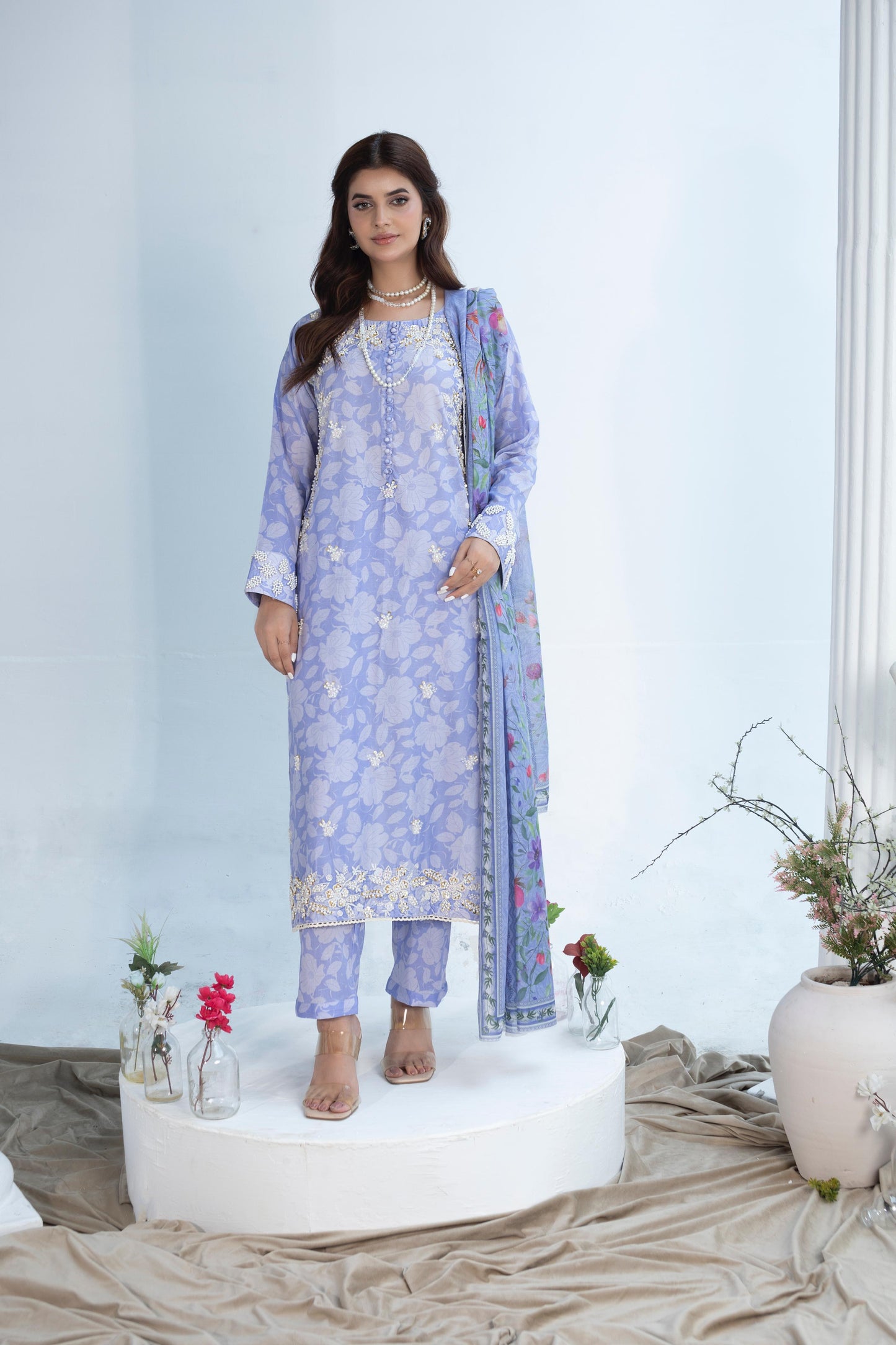 LAWN EMBROIDERED  DIGITAL PRINTED HAND MADE 3 PC