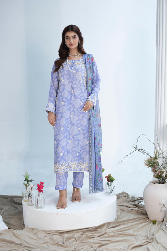 LAWN EMBROIDERED  DIGITAL PRINTED HAND MADE 3 PC