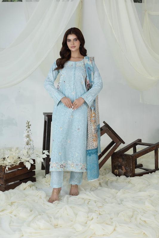 LAWN EMBROIDERED  DIGITAL PRINTED HAND MADE 3 PC